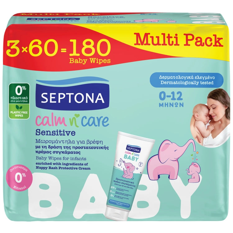 Septona Calm n' Care Sensitive Μωρομάντηλα χωρίς Οινόπνευμα & Parabens 3x60τμχ