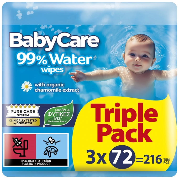 BABYCARE Μωρομάντηλα 99% Water (3 Συσκευασίες Των 72 Τεμαχίων) 216 Τεμάχια
